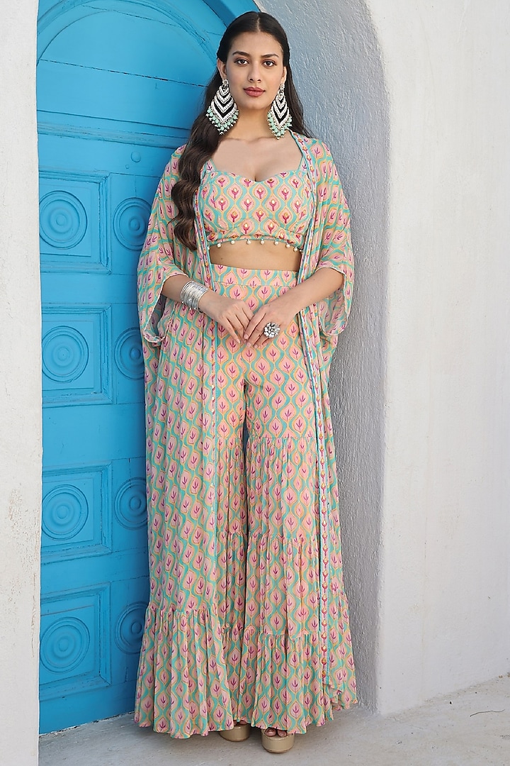 Turquoise Georgette Printed Sharara Set by Seams Pret & Couture