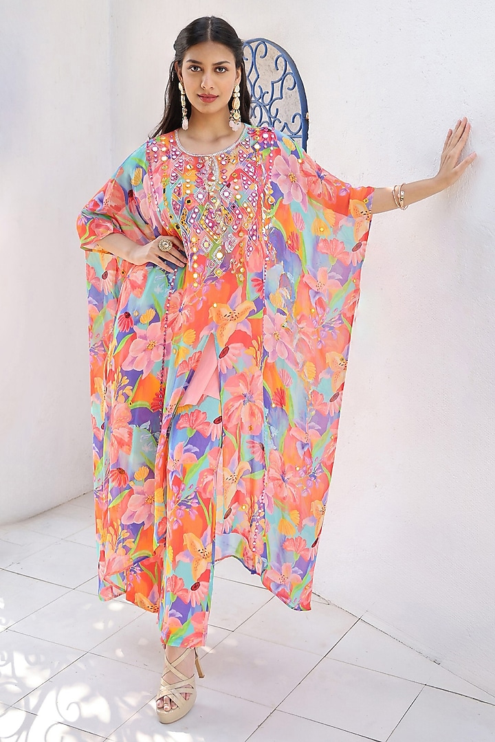 Multi-Colored Georgette Printed & Hand Embroidered Kaftan Set by Seams Pret & Couture