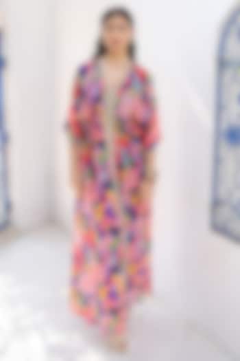 Multi-Colored Georgette Printed & Mirror Embroidered Kaftan Set by Seams Pret & Couture