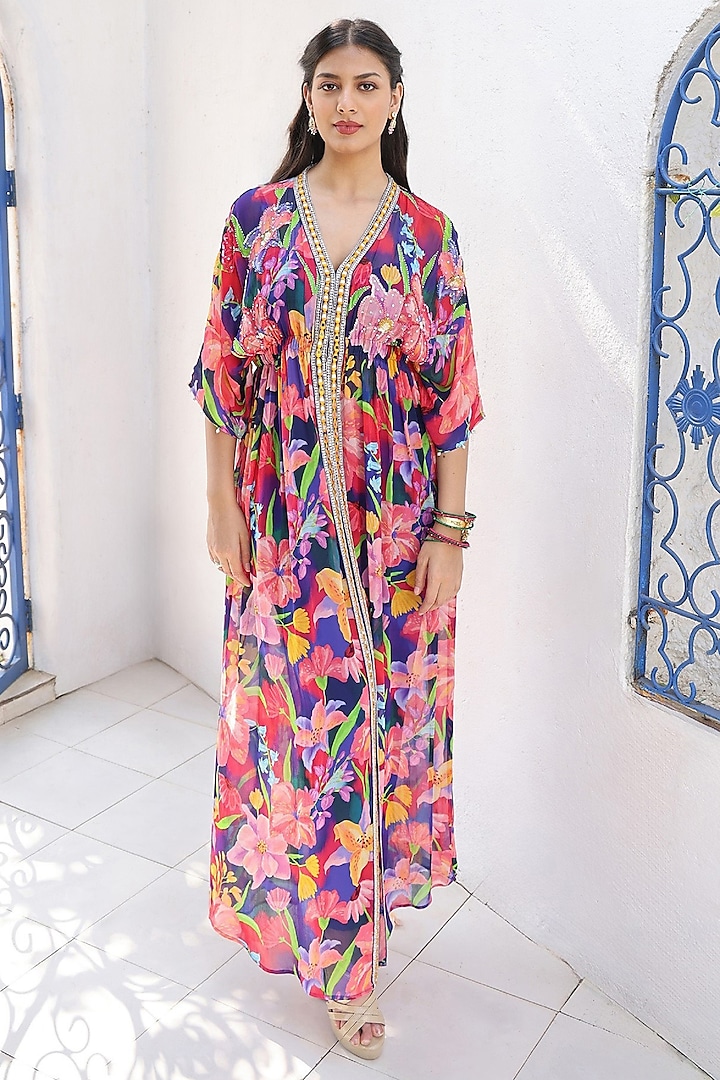 Multi-Colored Georgette Printed & Mirror Embroidered Kaftan Set by Seams Pret & Couture