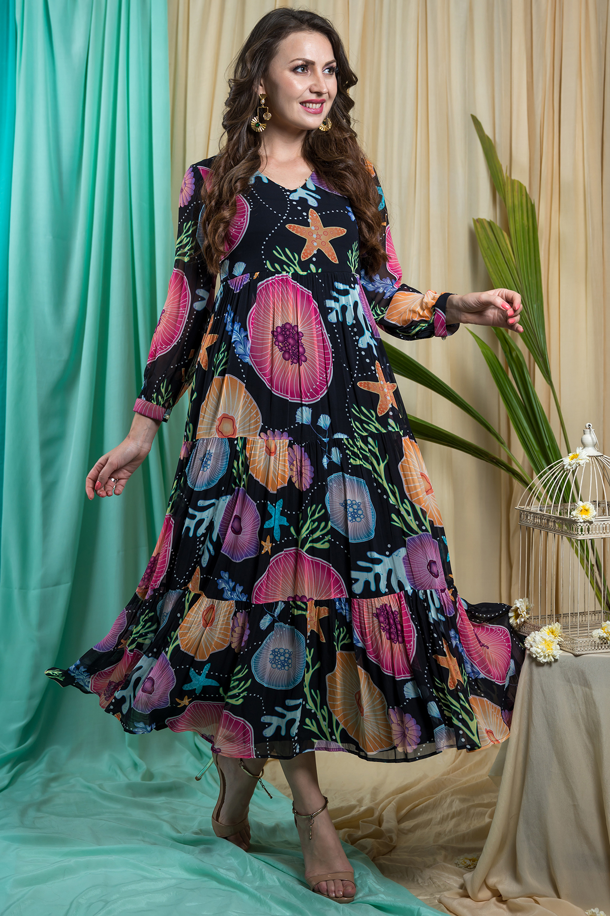 Black Georgette Hand Embroidered & Printed Tiered Summer Dress by Seams Pret & Couture at Pernia's Pop Up Shop