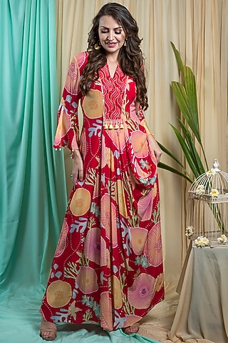 Viva Magenta Crepe Embroidered & Printed Dress by Seams Pret & Couture