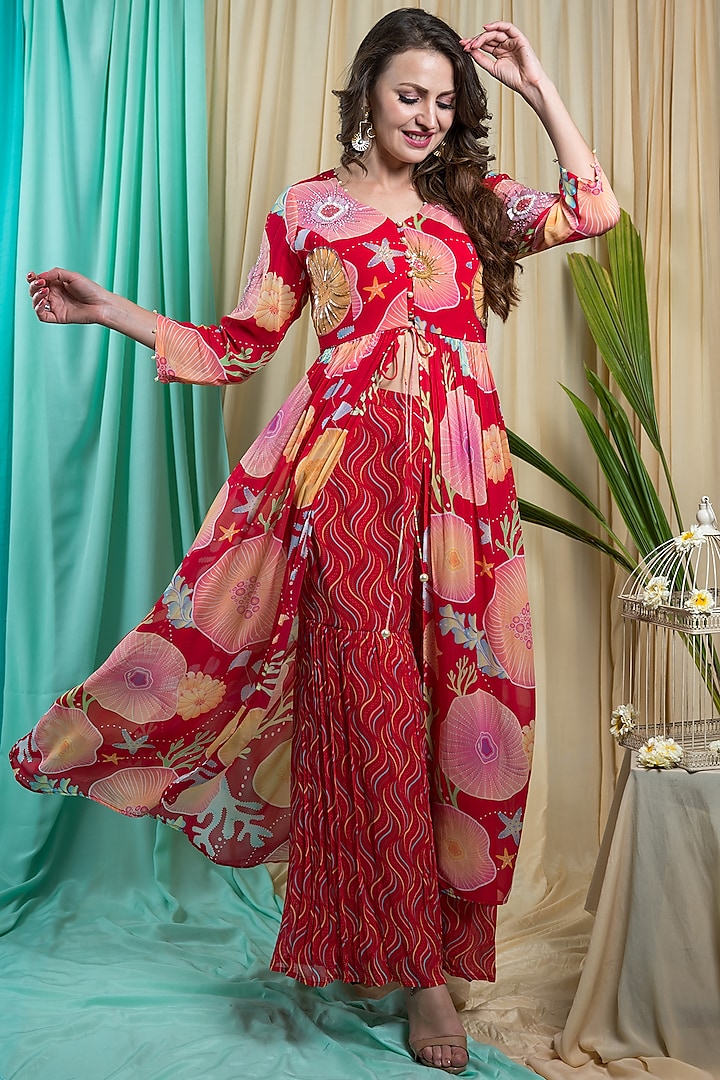 Viva Magenta Georgette Hand Embroidered & Printed Tunic Set by Seams Pret & Couture