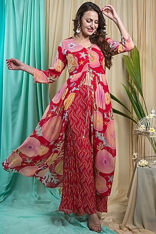 Viva Magenta Georgette Hand Embroidered & Printed Tunic Set by Seams Pret & Couture
