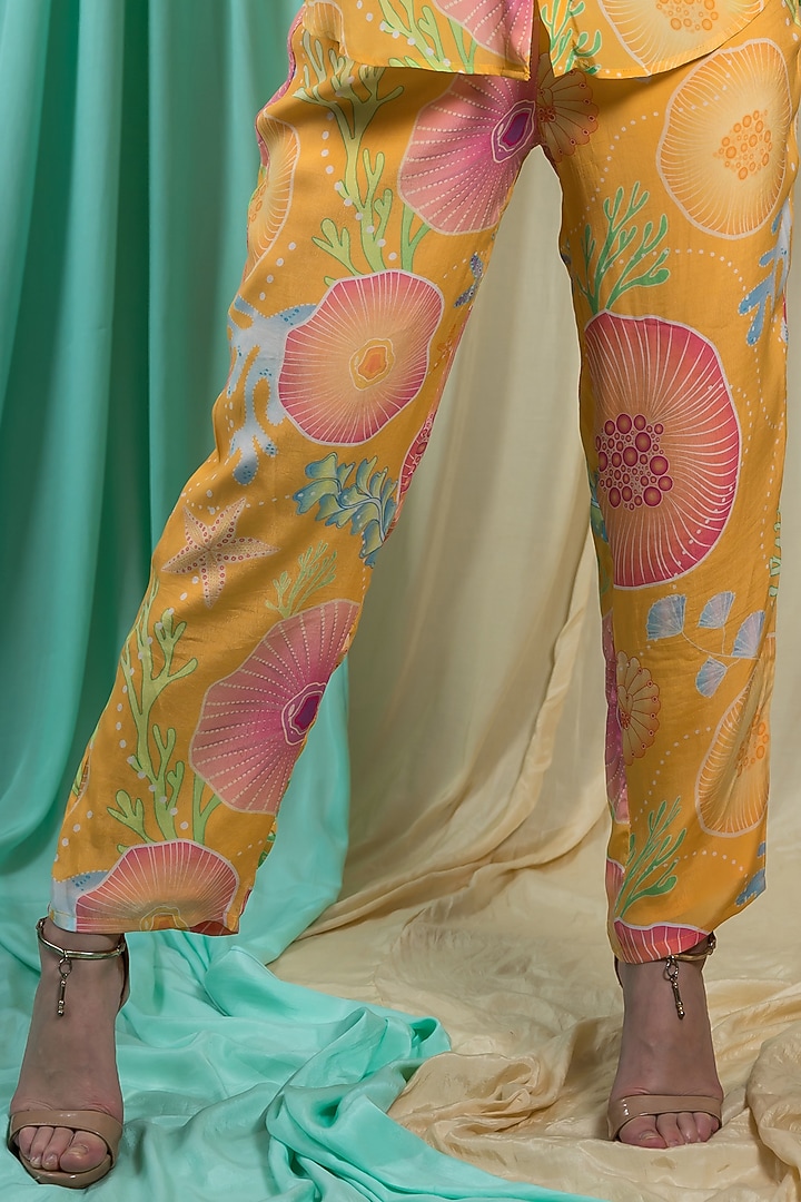 Mustard Crepe Hand Embroidered & Printed Co-Ord Set by Seams Pret & Couture at Pernia's Pop Up Shop