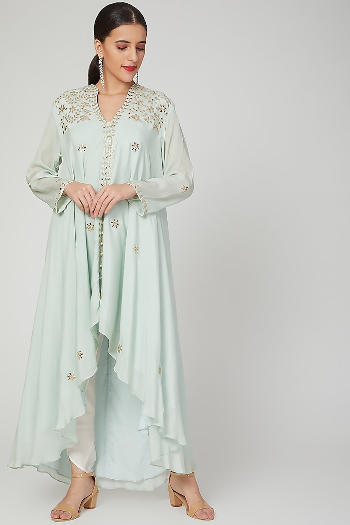 Mint Green Embroidered Kurta With Pants by Seams Pret & Couture