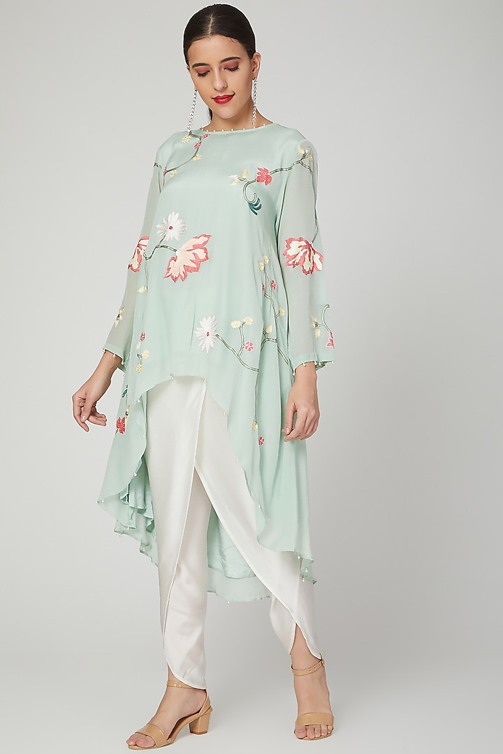 Mint Green Embroidered Tunic With Pants by Seams Pret & Couture