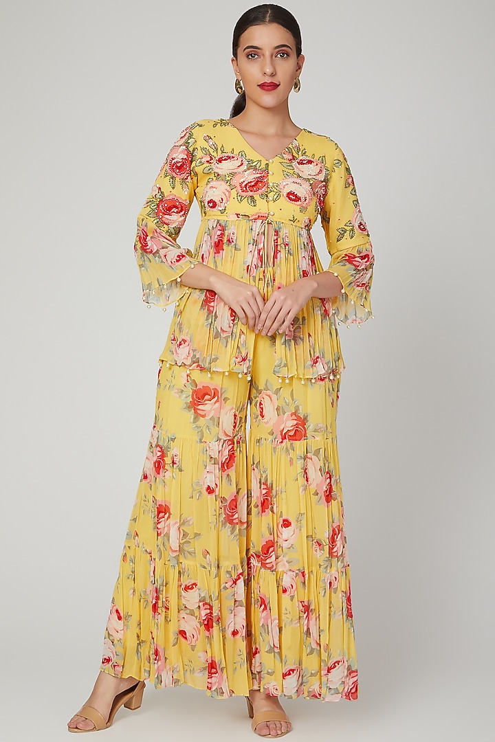 Yellow Embroidered Tunic With Party Wear Sharara Pants by Seams Pret & Couture at Pernia's Pop Up Shop