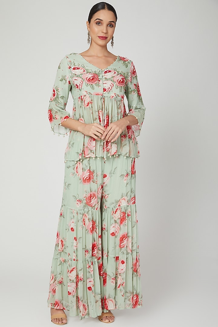 Mint Green Embroidered Tunic With Party Wear Sharara Pants by Seams Pret & Couture at Pernia's Pop Up Shop