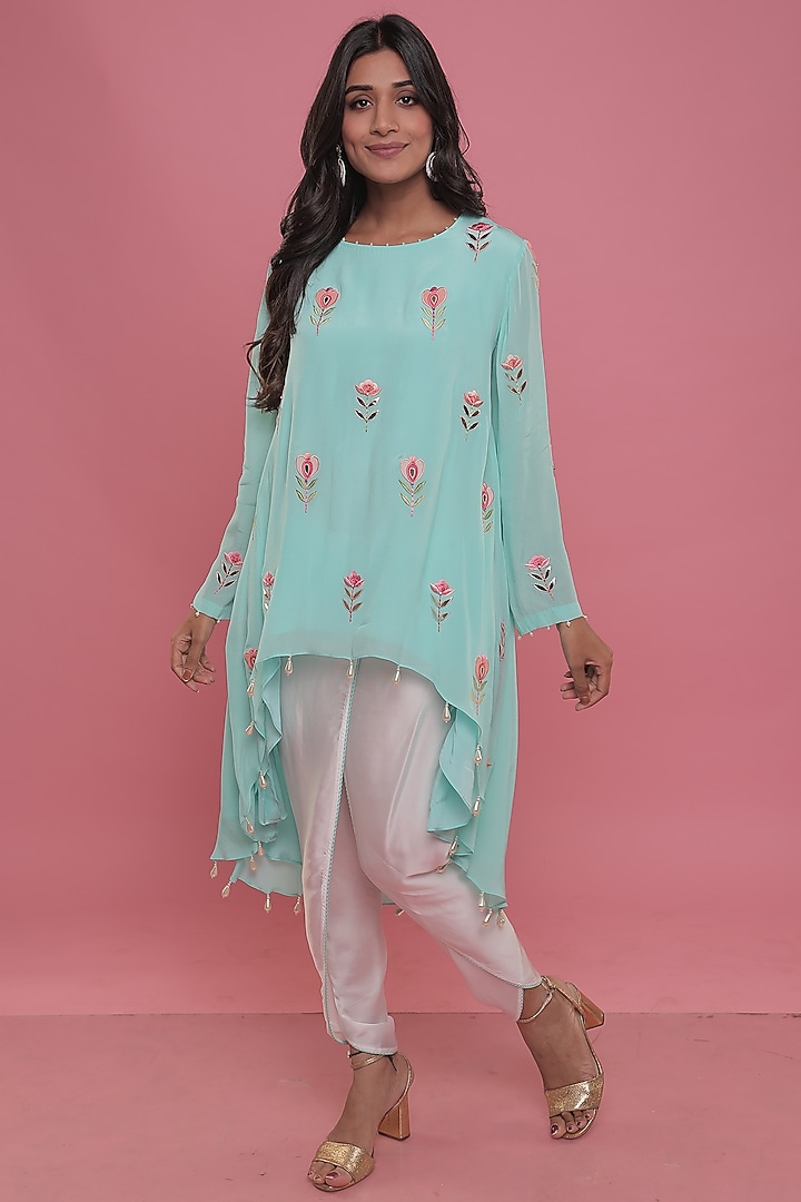 Light Turquoise Embroidered Tunic Set by Seams Pret & Couture at Pernia's Pop Up Shop