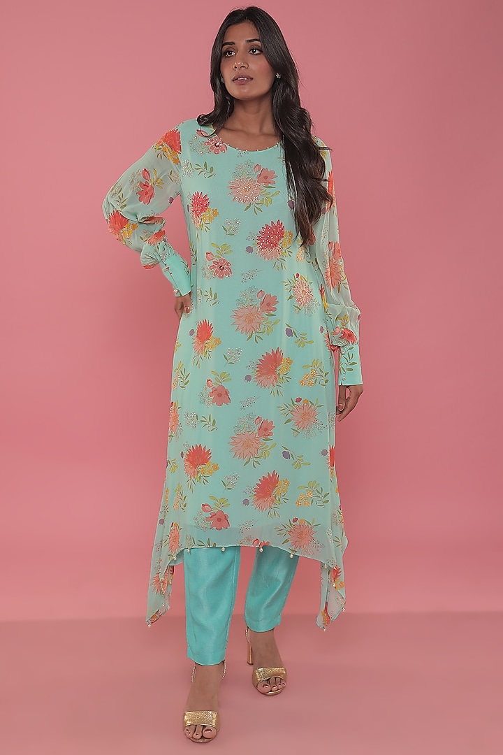 Light Turquoise Georgette Tunic Set by Seams Pret & Couture at Pernia's Pop Up Shop