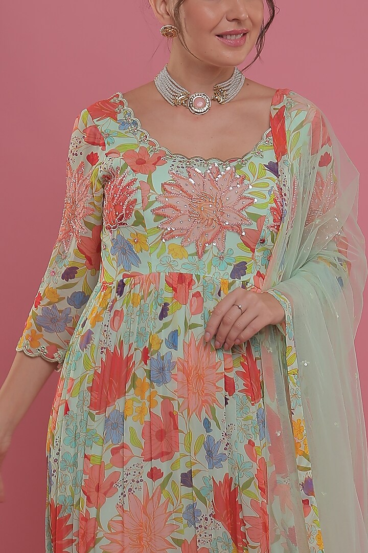 Mint Printed Party Wear Anarkali Set by Seams Pret & Couture at Pernia's Pop Up Shop