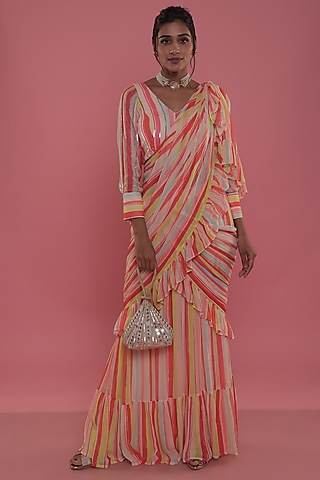 Multi-Colored Crepe Stripe Pre-Draped Saree Set by Seams Pret & Couture