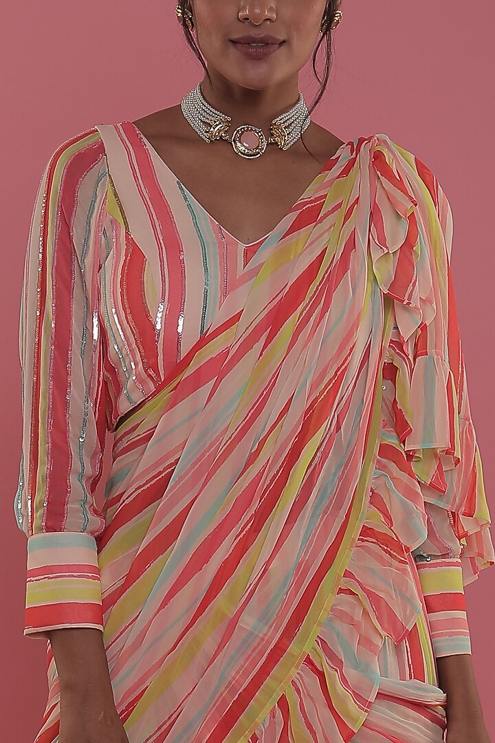 Multi-Colored Crepe Stripe Pre-Draped Wedding Saree Set by Seams Pret & Couture at Pernia's Pop Up Shop
