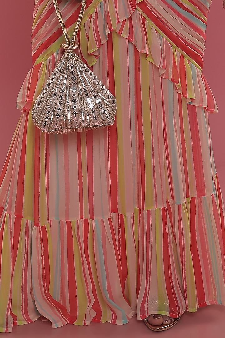 Multi-Colored Crepe Stripe Pre-Draped Wedding Saree Set by Seams Pret & Couture at Pernia's Pop Up Shop