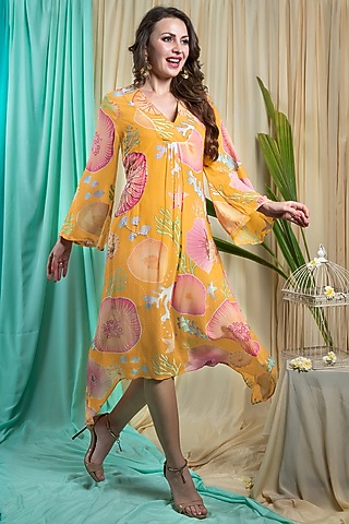 Mustard Georgette Asymmetric Dress by Seams Pret & Couture