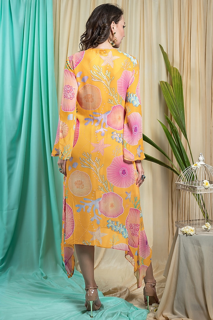 Mustard Georgette Asymmetric Vacation Dress by Seams Pret & Couture at Pernia's Pop Up Shop