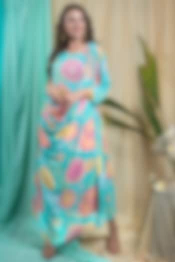 Turquoise Crepe Printed Gown by Seams Pret & Couture