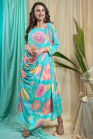 Turquoise Crepe Printed Gown by Seams Pret & Couture