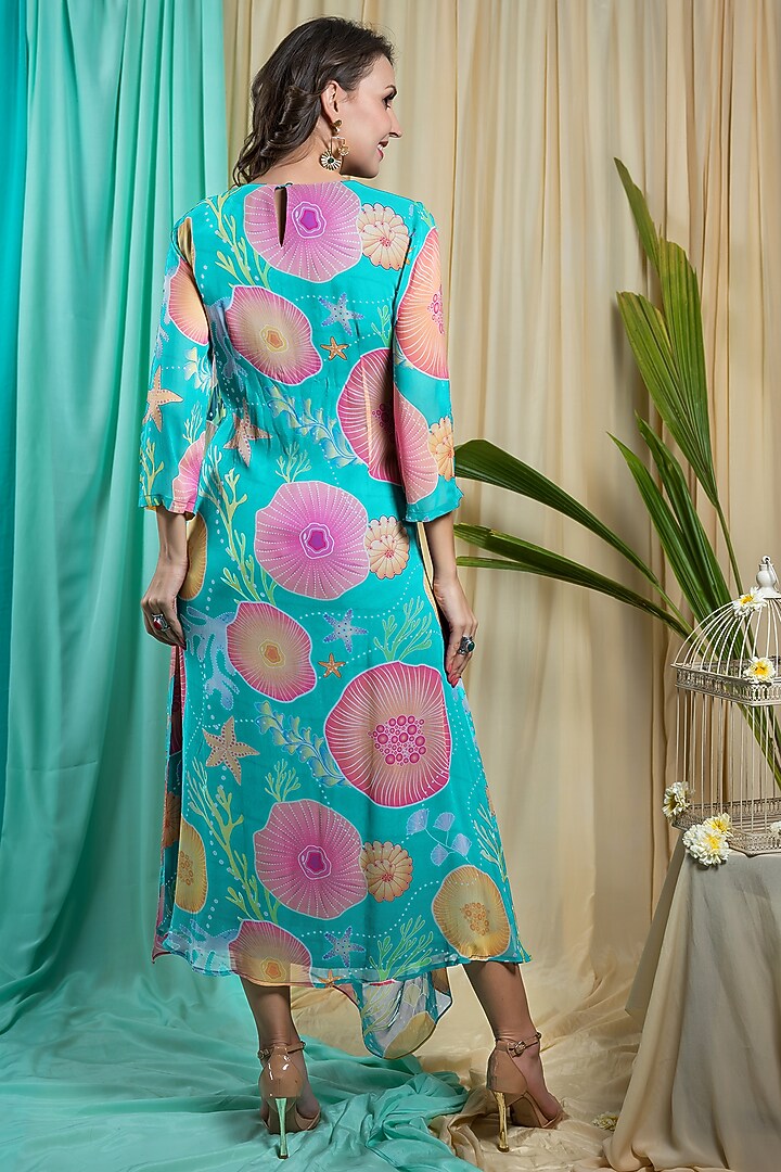 Turquoise Crepe Printed Party Wear Gown by Seams Pret & Couture at Pernia's Pop Up Shop