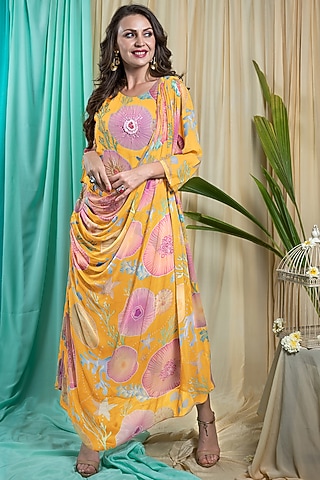 Mustard Crepe Printed Gown by Seams Pret & Couture