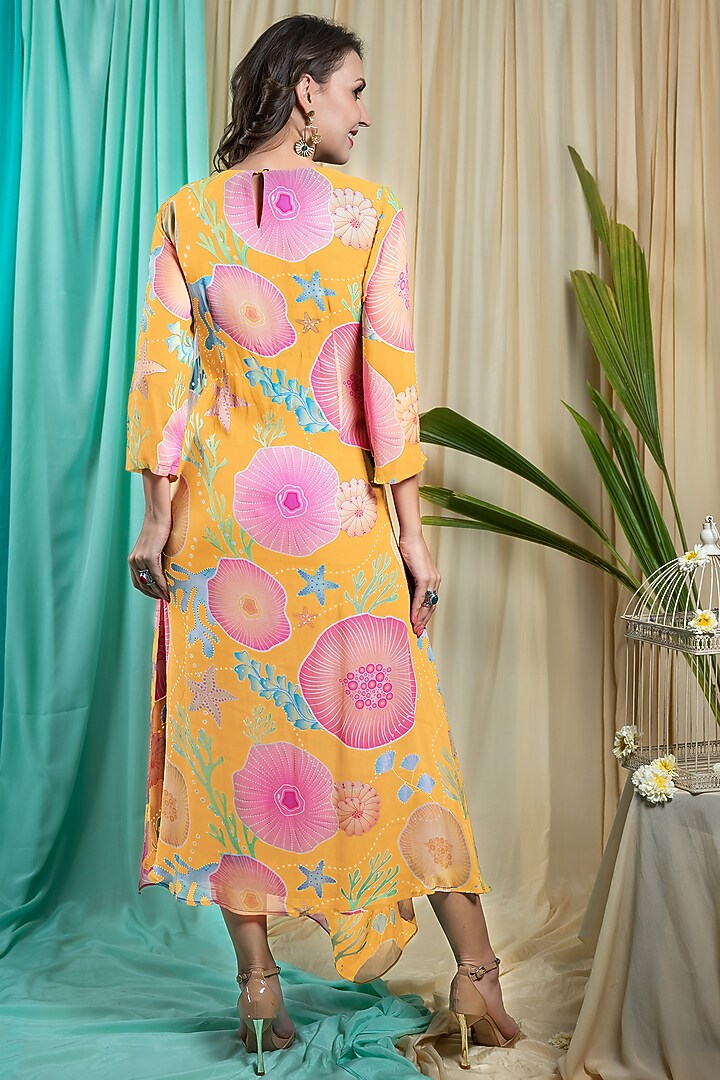 Mustard Crepe Printed Party Wear Gown by Seams Pret & Couture at Pernia's Pop Up Shop
