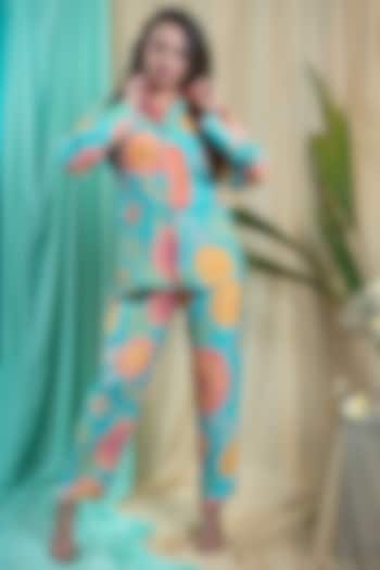 Light Turquoise Crepe Printed Co-Ord Set by Seams Pret & Couture