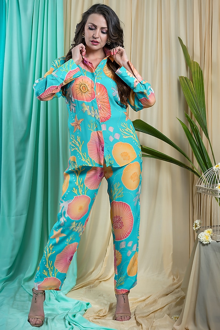 Light Turquoise Crepe Printed Co-Ord Set by Seams Pret & Couture at Pernia's Pop Up Shop