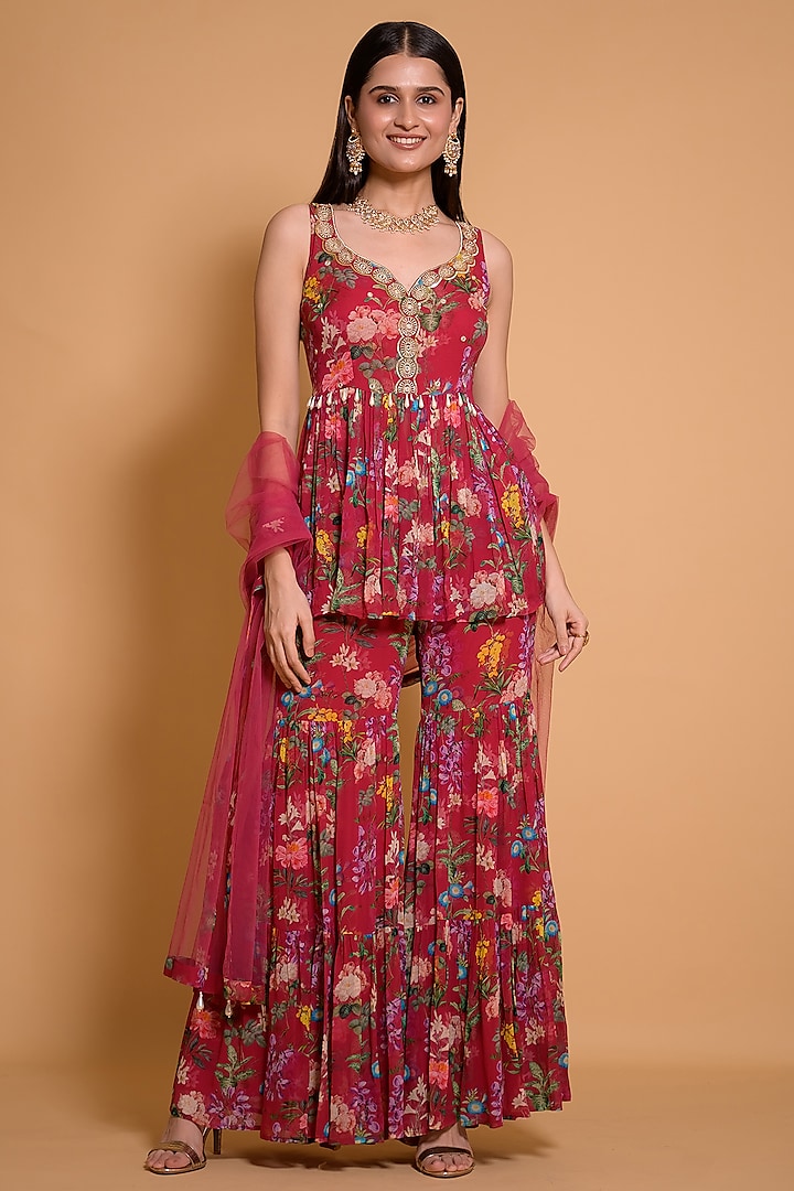 Aubergine Georgette Floral Printed Sharara Set by Seams Pret & Couture at Pernia's Pop Up Shop