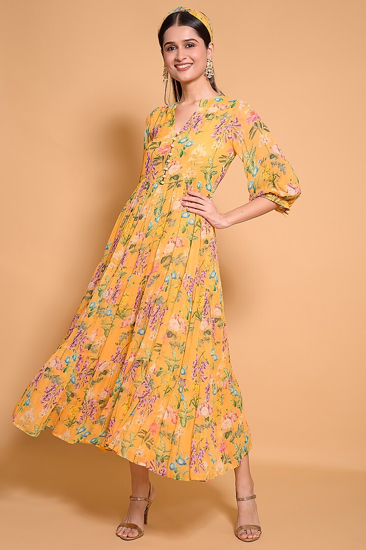 Ochre Yellow Georgette Floral Printed Dress by Seams Pret & Couture