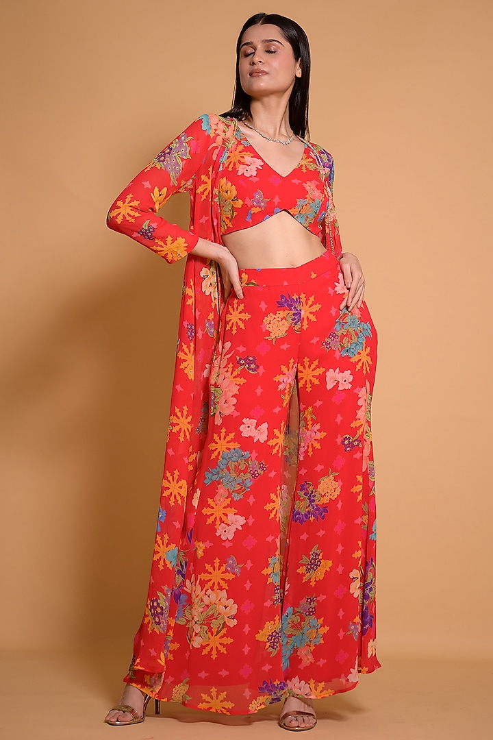 Red Georgette Floral Printed & Hand Embroidered Cape Set by Seams Pret & Couture