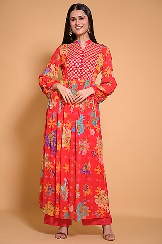 Red Georgette Floral Printed & Hand Embroidered Anarkali Set by Seams Pret & Couture