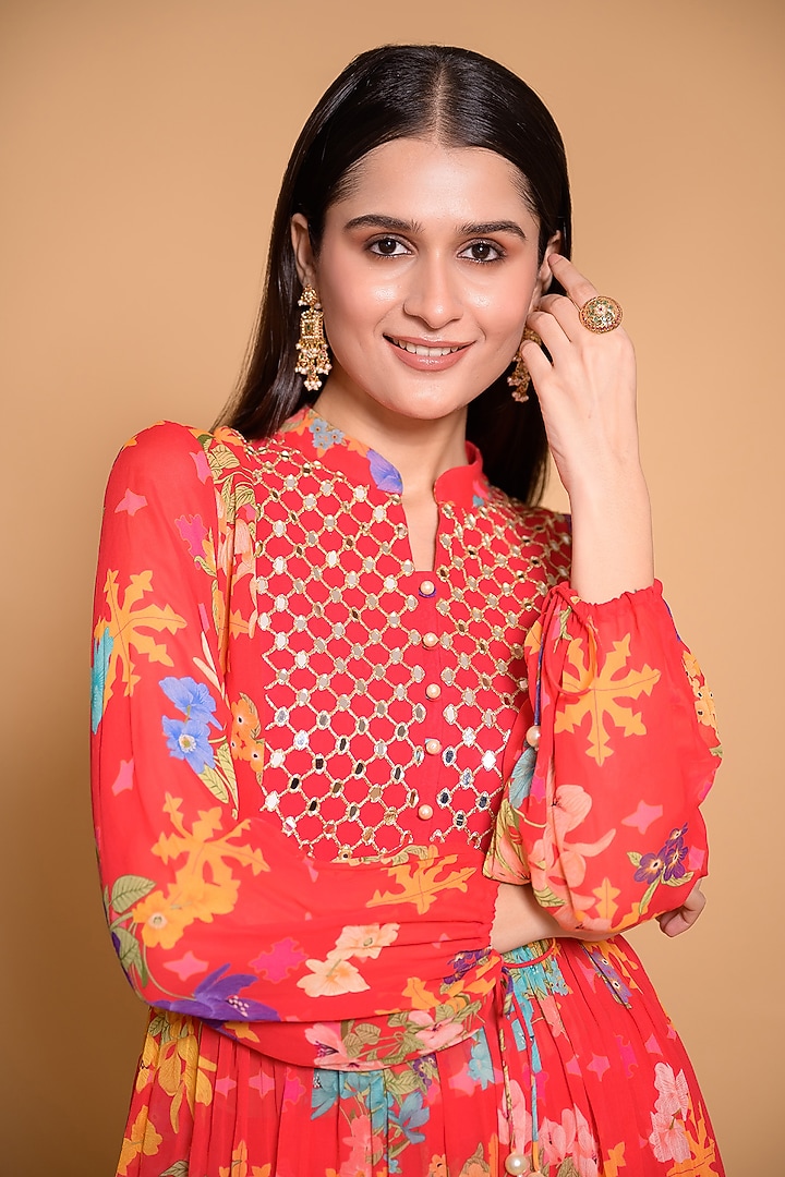 Red Georgette Floral Printed & Hand Embroidered Party Wear Anarkali Set by Seams Pret & Couture at Pernia's Pop Up Shop