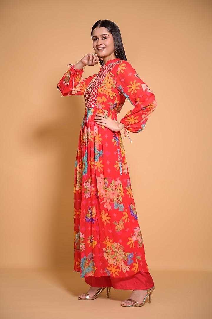 Red Georgette Floral Printed & Hand Embroidered Party Wear Anarkali Set by Seams Pret & Couture at Pernia's Pop Up Shop