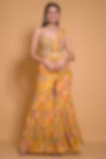 Ochre Yellow Georgette Floral Printed Sharara Wedding Saree Set by Seams Pret & Couture at Pernia's Pop Up Shop