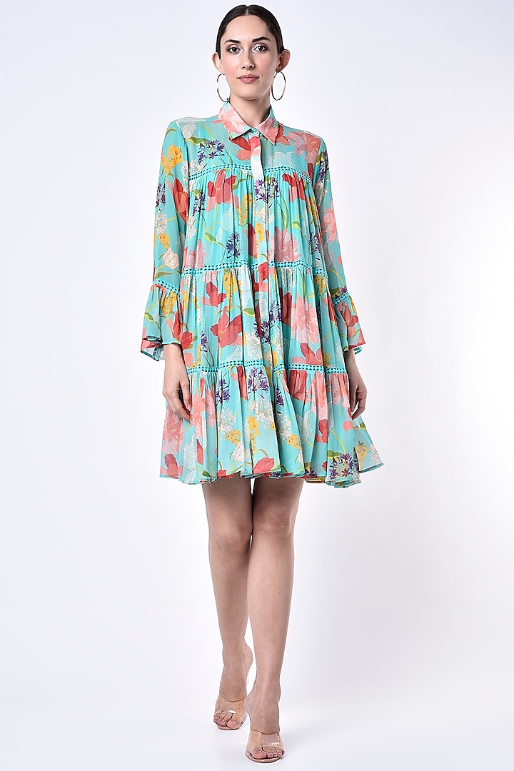 Turquoise Printed Shirt Dress by Seams Pret & Couture