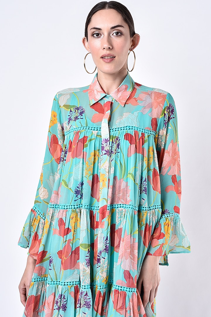 Turquoise Printed Summer Shirt Dress by Seams Pret & Couture at Pernia's Pop Up Shop