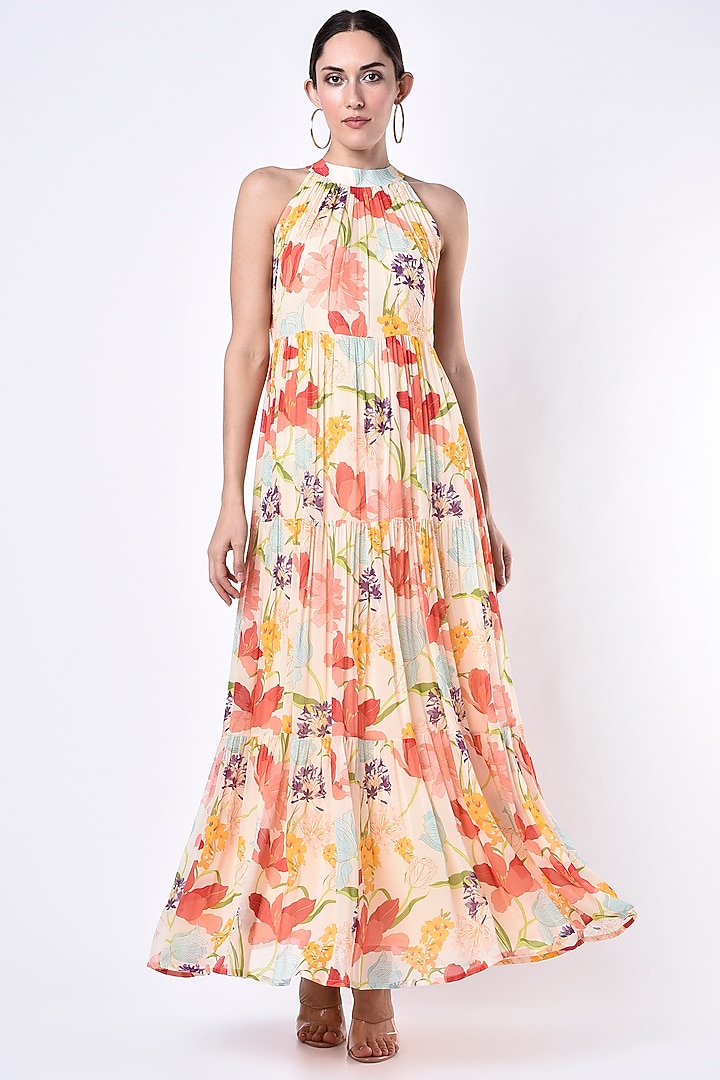 Peach Printed Summer Dress by Seams Pret & Couture at Pernia's Pop Up Shop