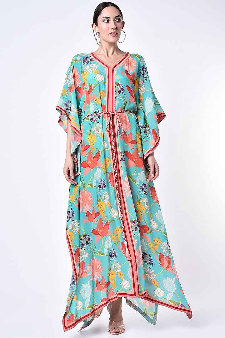 Turquoise Printed Kaftan With Belt Design by Seams Pret & Couture at ...