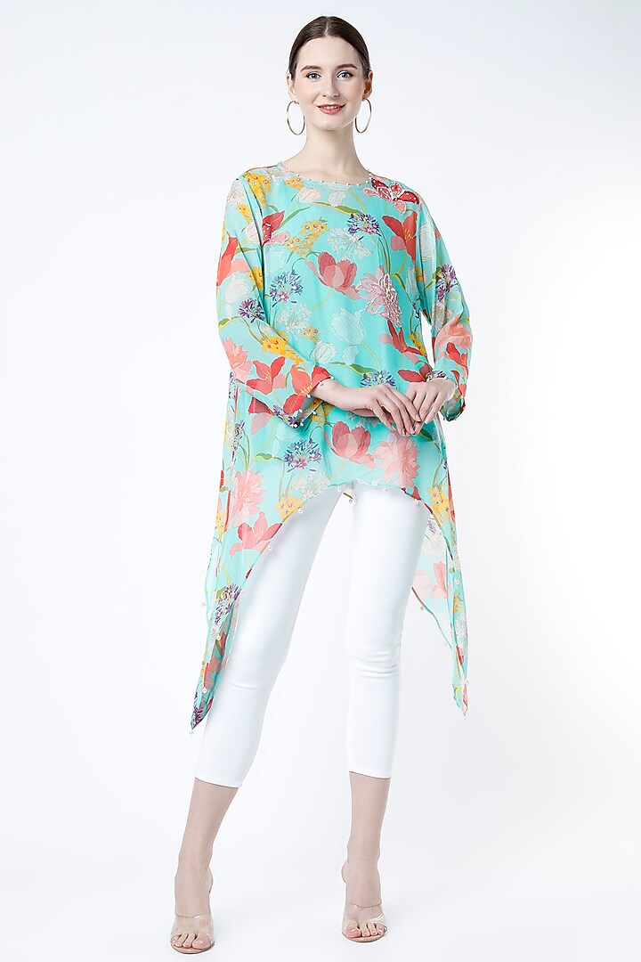 Powder Blue Floral Printed Top by Seams Pret & Couture at Pernia's Pop Up Shop
