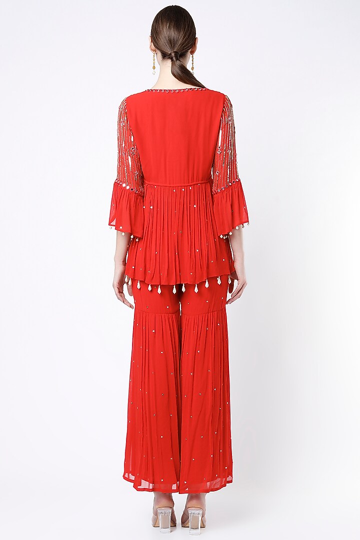 Red Georgette Party Wear Sharara Set by Seams Pret & Couture at Pernia's Pop Up Shop