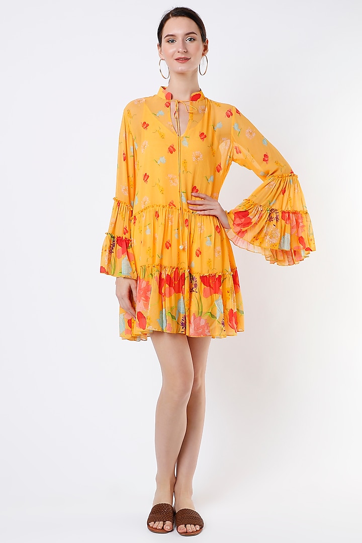 Mustard Printed Tiered Dress by Seams Pret & Couture