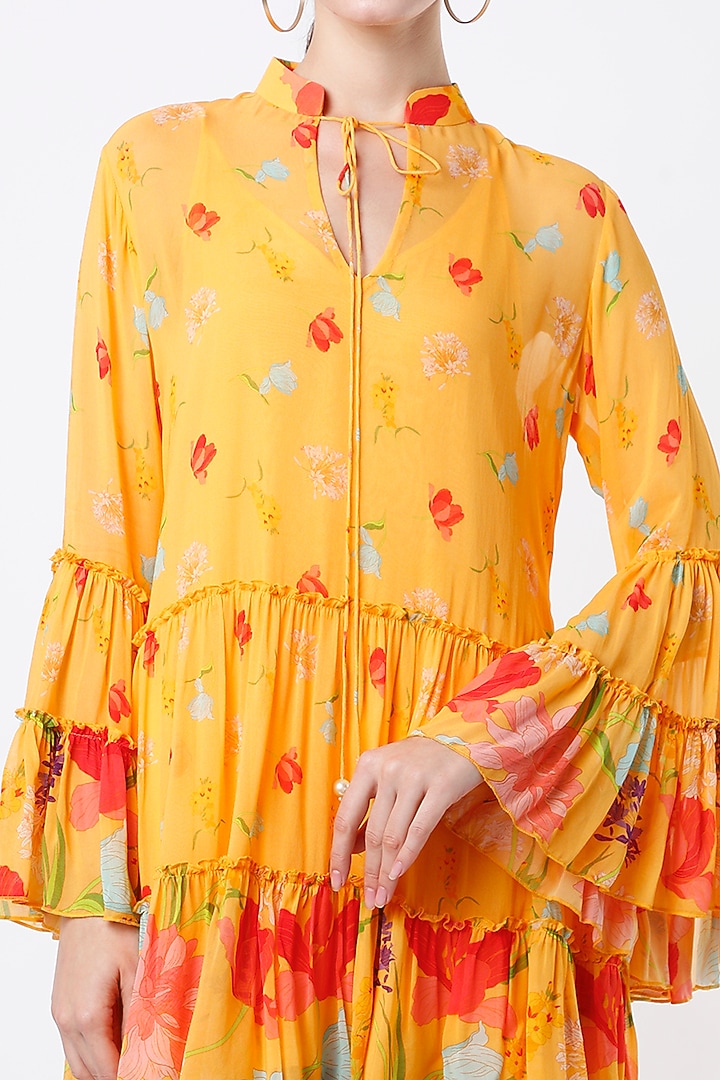 Mustard Printed Tiered Summer Dress by Seams Pret & Couture at Pernia's Pop Up Shop