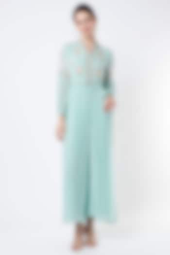 Powder Blue Embroidered Pleated Party Wear Anarkali Set by Seams Pret & Couture at Pernia's Pop Up Shop