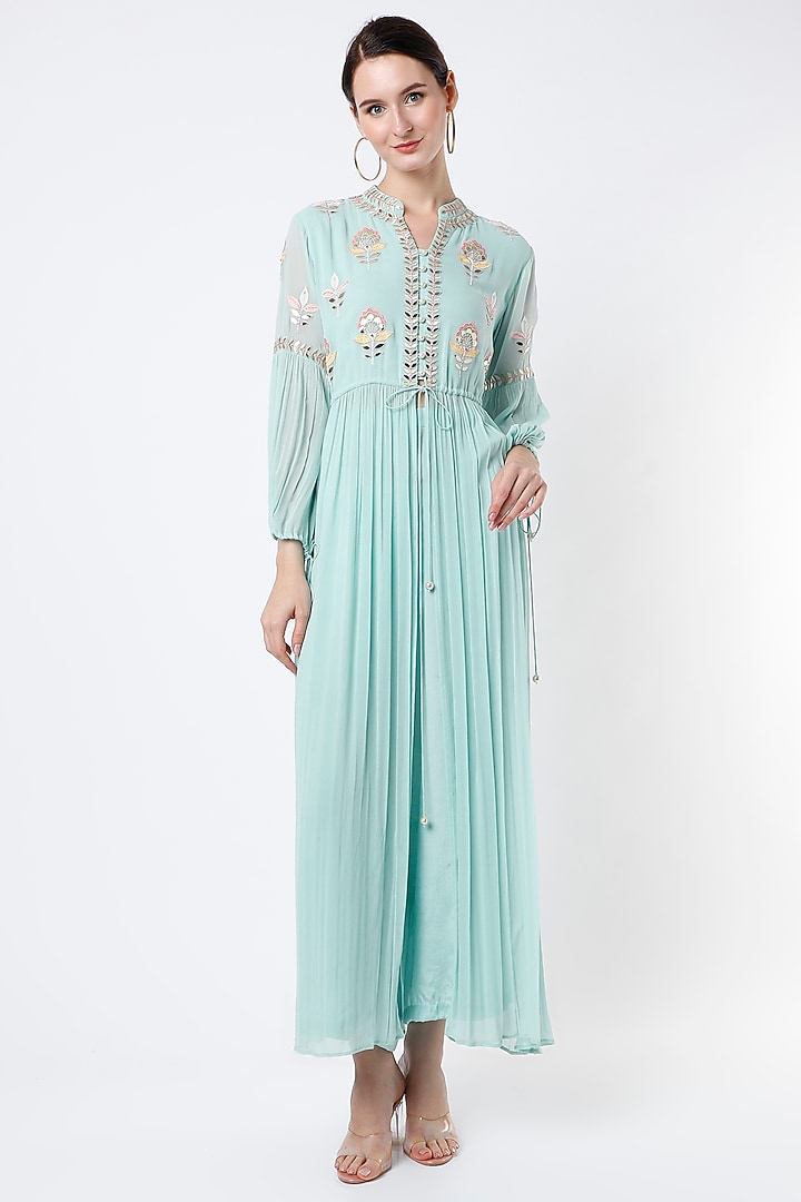 Powder Blue Embroidered Pleated Party Wear Anarkali Set by Seams Pret & Couture at Pernia's Pop Up Shop