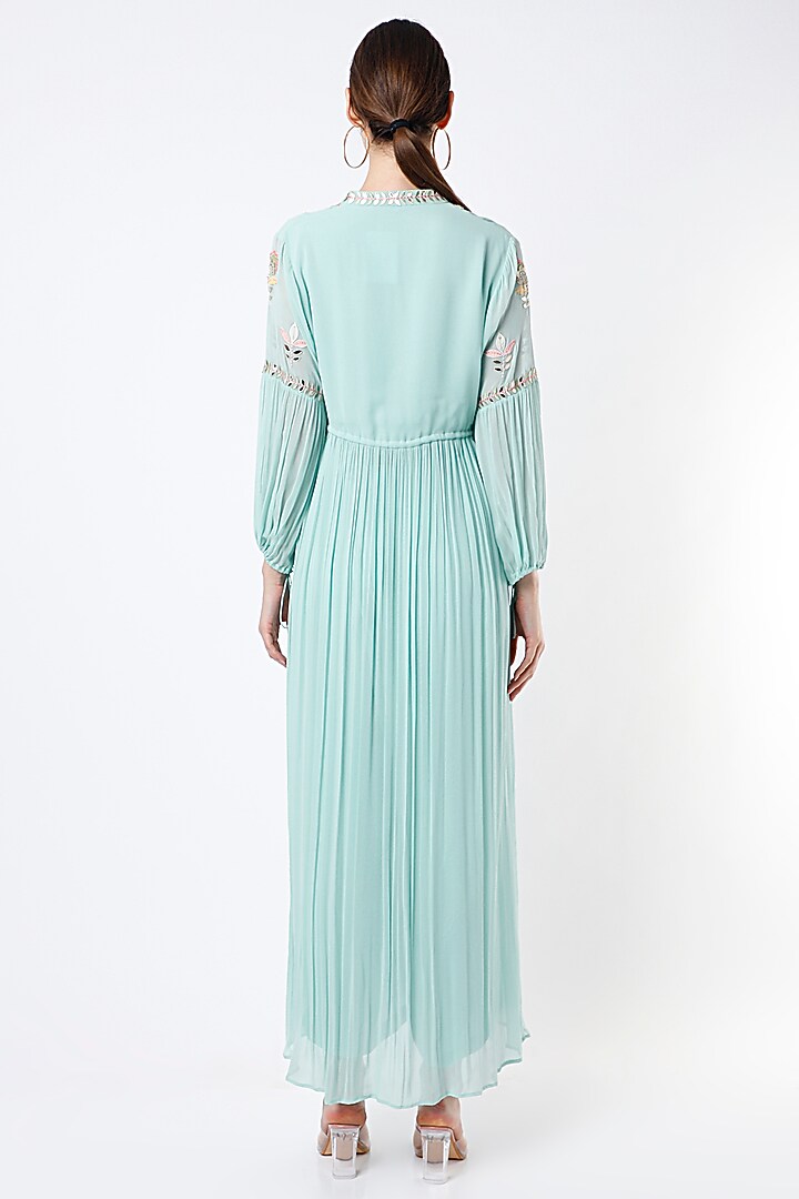 Powder Blue Embroidered Pleated Party Wear Anarkali Set by Seams Pret & Couture at Pernia's Pop Up Shop