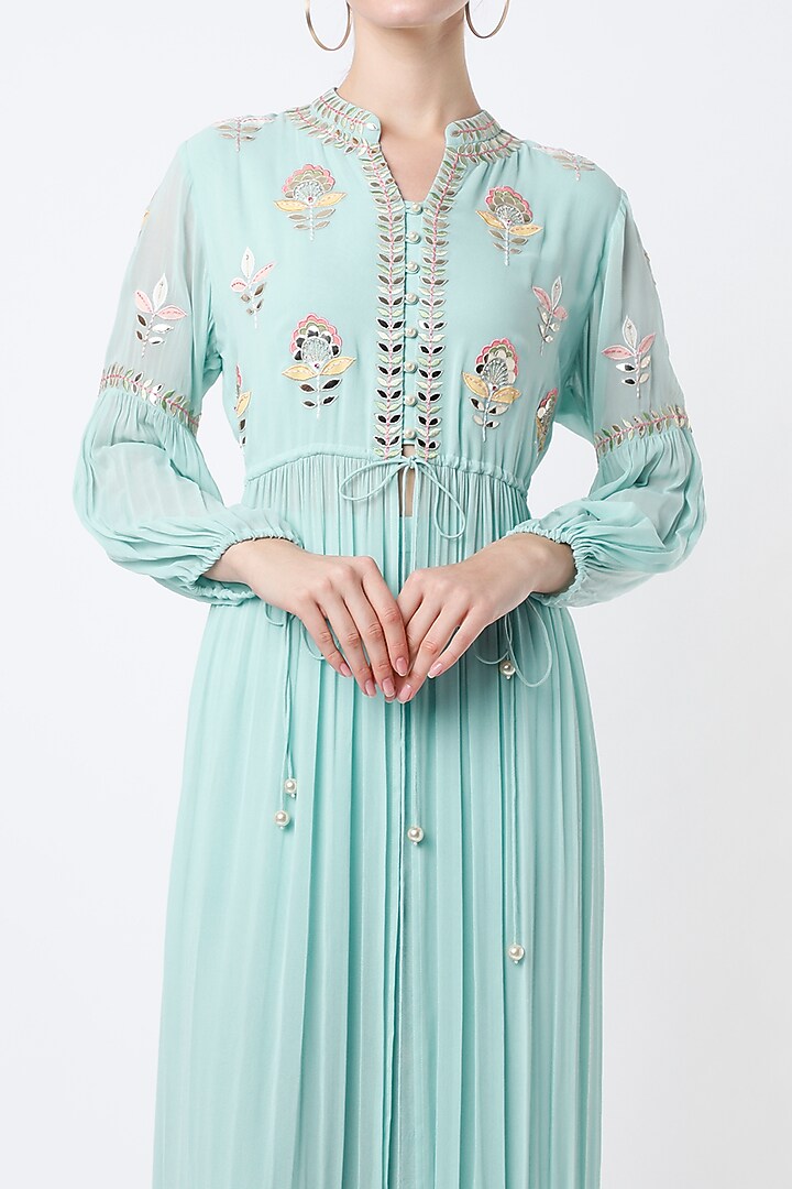 Powder Blue Embroidered Pleated Party Wear Anarkali Set by Seams Pret & Couture at Pernia's Pop Up Shop