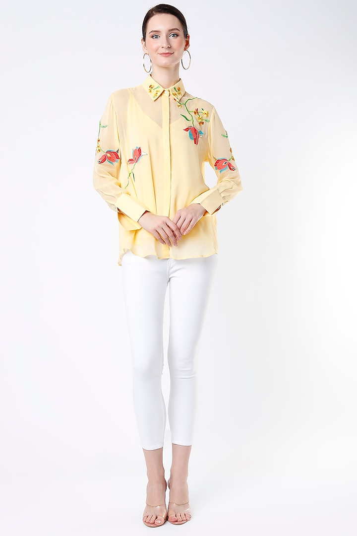 Pastel Yellow Embroidered Shirt by Seams Pret & Couture