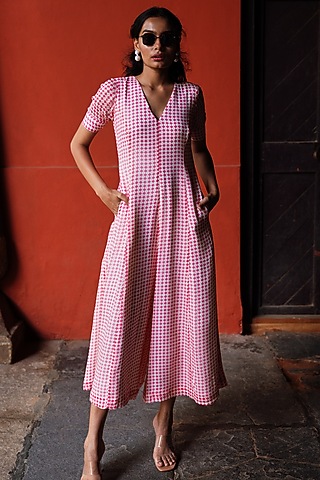 Off-White & Dull Red Chinon Printed Jumpsuit by Spring Diaries