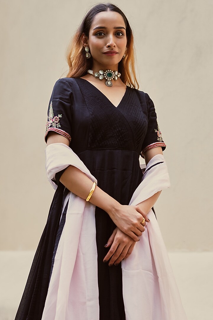 Black Chinon Party Wear Anarkali Set by Spring Diaries at Pernia's Pop Up Shop